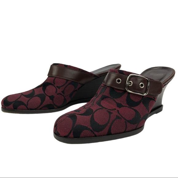 COACH Signature Monogram Canva Burgundy/wine Logo textile Bethany Wedge Mules 7 - Picture 5 of 16